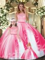 Decent Hot Pink Ball Gowns Scoop Sleeveless Tulle Floor Length Clasp Handle Lace and Ruffles Sweet 16 Dresses