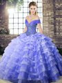 Fashion Lavender Ball Gowns Off The Shoulder Sleeveless Organza Brush Train Lace Up Beading and Ruffled Layers 15 Quinceanera Dress