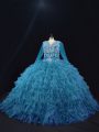 On Sale Teal Quinceanera Dresses Sweet 16 and Quinceanera with Beading and Ruffled Layers V-neck Long Sleeves Lace Up