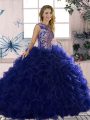 Exquisite Floor Length Lace Up Quince Ball Gowns Purple for Military Ball and Sweet 16 and Quinceanera with Beading and Ruffles