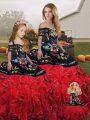Spectacular Red And Black Organza Lace Up Off The Shoulder Sleeveless Floor Length Vestidos de Quinceanera Embroidery and Ruffles