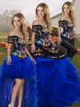 Flare Royal Blue Lace Up Off The Shoulder Embroidery and Ruffles 15 Quinceanera Dress Tulle Sleeveless