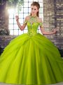 Olive Green Tulle Lace Up 15th Birthday Dress Sleeveless Brush Train Beading and Pick Ups
