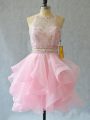 Most Popular Baby Pink Two Pieces Beading and Ruffles Prom Dresses Backless Tulle Sleeveless Mini Length