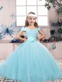 Latest Lace and Belt Little Girls Pageant Gowns Aqua Blue Lace Up Sleeveless Floor Length