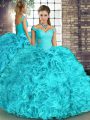 Floor Length Ball Gowns Sleeveless Aqua Blue Ball Gown Prom Dress Lace Up