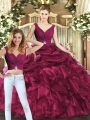 Top Selling Floor Length Burgundy Sweet 16 Quinceanera Dress Organza Sleeveless Pick Ups