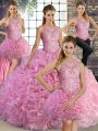 Fashion Sleeveless Fabric With Rolling Flowers Floor Length Lace Up Sweet 16 Quinceanera Dress in Rose Pink with Beading