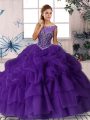 Stylish Scoop Sleeveless Organza Quinceanera Gown Beading and Pick Ups Brush Train Zipper