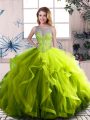 Flirting Floor Length Lace Up Sweet 16 Dress Olive Green for Sweet 16 and Quinceanera with Beading and Ruffles