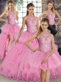 Rose Pink Sleeveless Tulle Lace Up Quince Ball Gowns for Military Ball and Sweet 16 and Quinceanera