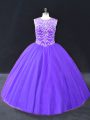 Comfortable Purple Tulle Lace Up Quinceanera Dress Sleeveless Floor Length Beading
