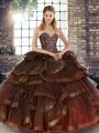 Fashion Brown Sweetheart Neckline Beading and Ruffles Quince Ball Gowns Sleeveless Lace Up