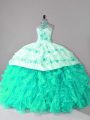 Embroidery and Ruffles 15th Birthday Dress Turquoise Lace Up Sleeveless Court Train