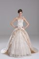 Amazing Champagne Lace Up Ball Gown Prom Dress Embroidery and Hand Made Flower Sleeveless Brush Train