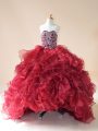 Trendy Wine Red Sleeveless Beading and Ruffles Lace Up Girls Pageant Dresses