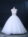 Hot Sale White Tulle Lace Up Sweetheart Sleeveless Wedding Dress Brush Train Beading