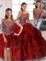 Sleeveless Beading and Pick Ups Zipper Quince Ball Gowns with Wine Red Brush Train