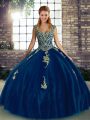 Royal Blue Tulle Lace Up Straps Sleeveless Floor Length 15 Quinceanera Dress Beading and Appliques