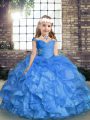 Sleeveless Organza Floor Length Lace Up Pageant Gowns For Girls in Blue with Beading and Ruffles and Ruching