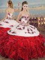 Best Selling White And Red Sweetheart Neckline Embroidery and Ruffles Quinceanera Dress Sleeveless Lace Up