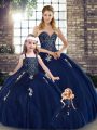 New Style Sleeveless Tulle Floor Length Lace Up 15 Quinceanera Dress in Navy Blue with Beading and Appliques