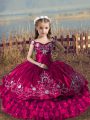 High Quality Fuchsia Ball Gowns Satin and Organza Off The Shoulder Sleeveless Embroidery and Ruffled Layers Floor Length Lace Up Little Girls Pageant Dress Wholesale