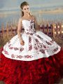 Beautiful Ball Gowns Quince Ball Gowns White And Red Sweetheart Organza Sleeveless Floor Length Lace Up