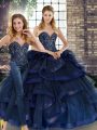 Navy Blue Sweetheart Lace Up Beading and Ruffles Quince Ball Gowns Sleeveless