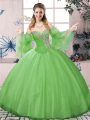 Floor Length Green Quinceanera Gowns Tulle Long Sleeves Beading