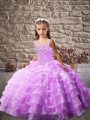 Lavender Ball Gowns Organza Straps Sleeveless Beading and Ruffled Layers Lace Up Child Pageant Dress Brush Train