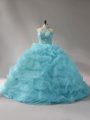 Organza Halter Top Sleeveless Court Train Lace Up Beading and Pick Ups Sweet 16 Quinceanera Dress in Aqua Blue