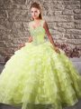 Court Train Ball Gowns Quince Ball Gowns Yellow Green Straps Organza Sleeveless Lace Up