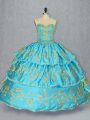 Baby Blue Satin and Organza Lace Up Sweet 16 Quinceanera Dress Sleeveless Floor Length Embroidery and Ruffled Layers