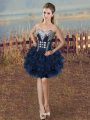 Sleeveless Mini Length Beading and Ruffled Layers Lace Up Prom Evening Gown with Navy Blue