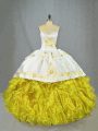 Yellow Ball Gowns Satin and Organza Sweetheart Sleeveless Beading and Embroidery and Ruffles Lace Up Quinceanera Gown Brush Train