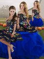 Nice Sleeveless Tulle Floor Length Lace Up Ball Gown Prom Dress in Blue And Black with Embroidery and Ruffles