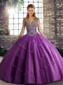 Artistic Purple Ball Gowns Straps Sleeveless Tulle Floor Length Lace Up Beading and Appliques Quinceanera Gown