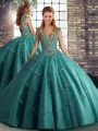 Teal Ball Gowns Straps Sleeveless Tulle Floor Length Lace Up Beading and Appliques Vestidos de Quinceanera