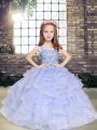 High End Lavender Little Girl Pageant Dress Party and Wedding Party with Beading and Ruffles Straps Sleeveless Lace Up
