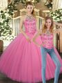 Rose Pink Ball Gowns Tulle Halter Top Sleeveless Embroidery Floor Length Lace Up Ball Gown Prom Dress