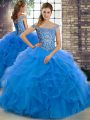Blue Lace Up Sweet 16 Dresses Beading and Ruffles Sleeveless Brush Train
