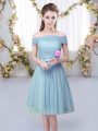Knee Length Empire Short Sleeves Blue Court Dresses for Sweet 16 Lace Up