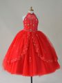 Sleeveless Tulle Floor Length Lace Up Glitz Pageant Dress in Red with Beading and Appliques