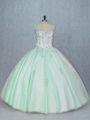 Fine Apple Green Ball Gowns Beading and Appliques 15 Quinceanera Dress Lace Up Tulle Sleeveless Floor Length