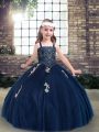 Floor Length Lace Up Little Girl Pageant Gowns Navy Blue for Party and Military Ball and Wedding Party with Appliques