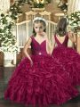 Fashion Burgundy V-neck Neckline Beading and Ruffles Little Girl Pageant Dress Sleeveless Backless