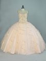Latest Champagne Ball Gowns Beading and Ruffles Quinceanera Dress Lace Up Tulle Sleeveless Floor Length