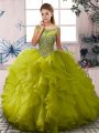 Trendy Floor Length Olive Green Quinceanera Gowns Organza Sleeveless Beading and Ruffles