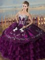 Great Sleeveless Floor Length Embroidery and Ruffles Lace Up 15 Quinceanera Dress with Purple